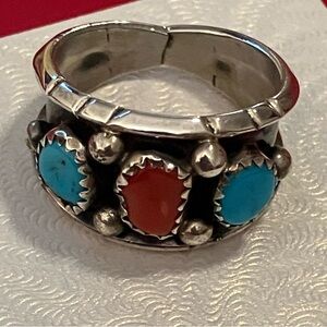 Native American Turquoise & Coral Ring Navajo Made in Sterling Silver